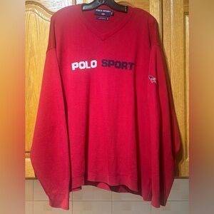 Vintage 90’s Polo Sport Ralph Lauren Spell Out Red V-Neck Sweater XXL